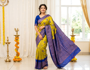 Sari de Seda Amarillo y Azul de AARA Fashion con Diseño Estampado, Traje Tradicional de Boda para Mujer, Estilo India-Pakistán, Largo hasta el Suelo, Corte Regular - Product Image 1