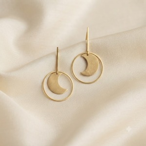 <b>Gold</b> Plated Brass Christian Trendy Moon <b>Disc</b> Drop Earrings Geometric Hollow Dangle for Women Wedding - Product Image 1