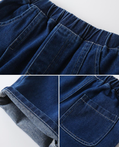 Shorts en jean pour garçons, couleur unie, taille mi-haute, bande élastique, style décontracté avec poches, tissu en coton tissé - Product Image 5