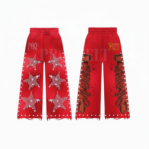 Pantalon de survêtement décontracté surdimensionné imprimé étoiles en strass style Hip Hop, avec bords déchirés personnalisés et motifs graphiques - Product Image 2
