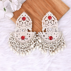<b>Red</b> Hydro & Pearl & Kundan Stone Ethnic <b>Earrings</b> | Silver Plated Brass Traditional Indian Jewelry - Product Image 4