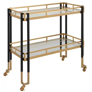 Golden <b>Black</b> Metal <b>Rolling</b> <b>Kitchen</b> Cart Two Tier Glass Serving Trolley Storage Organizer for Home Dining Room Bar Coffee Station - Product Image 1