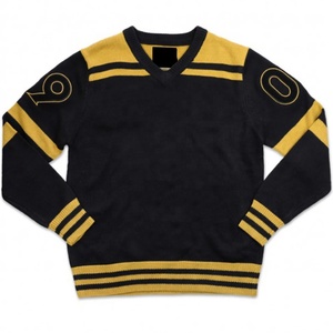 Pull en tricot à col en V pour homme, couleur unie, manches longues, vêtement d'automne, 100% acrylique, coupe classique, jaune avec bordure noire - Product Image 4