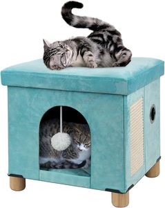 WALEED FURNITURE Casa para Gatos Plegable de Madera de Lujo, Cueva y Cubo para Gatos con Rascador y Pelota, Verde Sólido, 12.5"x14.5"x14.1" - Product Image 1