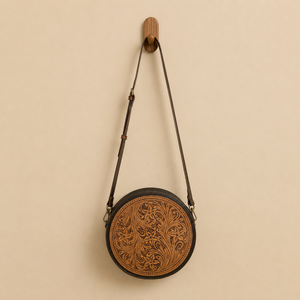 Handcrafted Genuine Leather Round Sling Bag for Women Floral Tooled Crossbody Purse Vintage Western Boho Shoulder <b>Handbag</b> <b>Medium</b> - Product Image 1