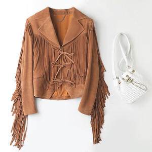 Premium Tan Women <b>Suede</b> Fringe <b>Leather</b> <b>Jacket</b> Front Lace Tie Closure Cognac Vintage Western Style Customization Available - Product Image 1