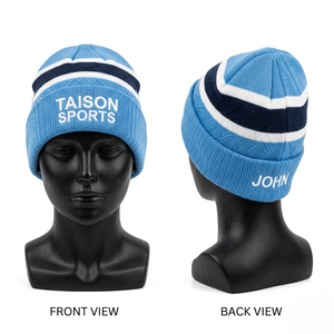 Women rugby beanie 300 GSM premium acrylic knit blue navy white striped panels custom embroidery logo <b>winter</b> <b>cap</b> - Product Image 1