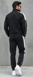 Survêtement de sport pour homme, imprimé rayures noires et blanches, style streetwear, fermeture éclair intégrale, coupe classique, poches latérales, 100% coton, idéal pour l'hiver - Product Image 2