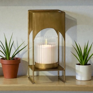 <b>Brass</b> <b>Lantern</b> Candle Holder With Geometric Cutout Design Heat Resistant For Home Decoration - Product Image 1