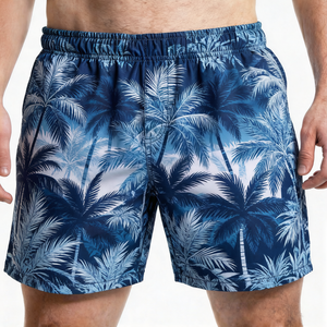 Short de bain pour homme à séchage rapide, imprimé palmiers bleus, taille mi-haute, fermeture élastique, short de plage décontracté, tissu 100% polyester tissé - Product Image 1