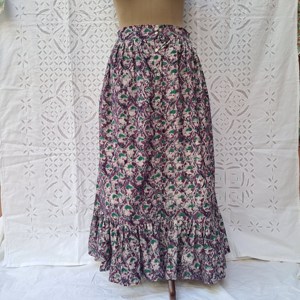 Scrollwork Lattice Block Print Cotton Women's Full Length Gathered <b>Skirt</b> Smocked Waist Ruffle Hem Purple Green <b>Boho</b> Handcrafted - Product Image 1
