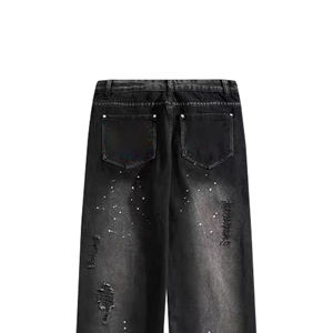 กางเกงยีนส์ดีไซน์เนอร์ขายส่ง ทรงแบ็กกี้ แต่งลายคลื่น ประดับเพชร วินเทจ สำหรับผู้ชาย สีซีด กางเกงขากว้าง ผ้าถักทอ - Product Image 4