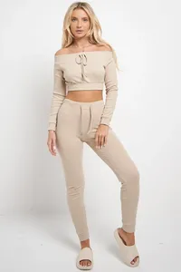Conjunto de Pantalones y Top Corto de Manga Larga con Hombros Descubiertos para Mujer EVERGLOW, Color Negro Sólido, Estilo Casual, Corte Regular, 100% Algodón - Product Image 3