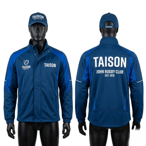 Veste d'entraînement de rugby en polyester et élasthanne 280 GSM de qualité supérieure, bleu ciel et bleu marine, avec empiècements contrastants, fermeture éclair intégrale, logo personnalisé par sublimation et broderie - Product Image 5