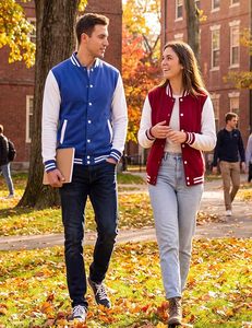 Chaqueta Varsity Roja y Blanca para Hombre, Informal, con Botones al Frente, de Algodón y Poliéster, con Cuello Alto, Chaqueta Varsity Elegante e Informal, Estilo Letterman - Product Image 5