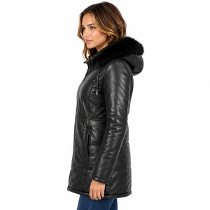 High Quality <b>Men's</b> Genuine Black <b>Leather</b> Regular Length Puffer Coat Stand Collar Lisa Longline Winter High Street <b>Jackets</b> - Product Image 3
