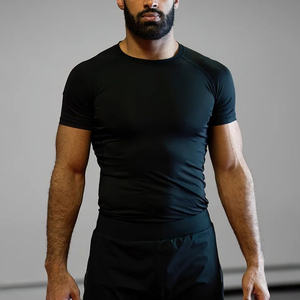 Men's <b>Black</b> Short Sleeve Rash Guard Quick Dry Polyester <b>Compression</b> <b>Shirt</b> Adult Fitness Top - Product Image 3