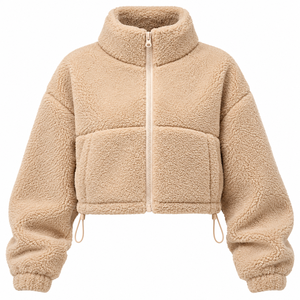 <b>Beige</b> Cropped Sherpa Fleece Zip-Up <b>Jacket</b> with Stand Collar Pockets Unisex Oversized Casual Winter Wear OEM Service 100% Cotton - Product Image 1