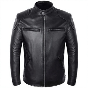 <b>Men's</b> Genuine <b>Leather</b> Motorcycle <b>Jacket</b> Stand Collar Zipper Closure Slim Fit Windproof Autumn Wear - Product Image 1
