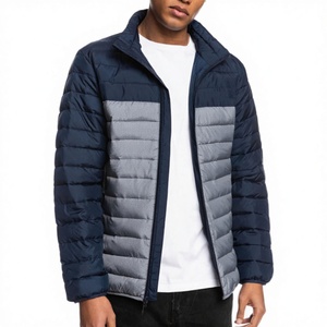 <b>Men's</b> <b>Navy</b> Blue and Gray Color Blocking Puffer <b>Jacket</b> Stand Collar Zipper Closure Windproof Casual Winter <b>Jacket</b> Regular Fit - Product Image 2