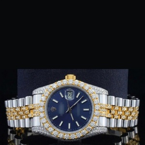 Double Gold Tone – Iced Out Style Mossinate Diamond Watch For Men Blue Dial Stainless Steel Silver Metal Water-Resistant Watch - Product Image 3