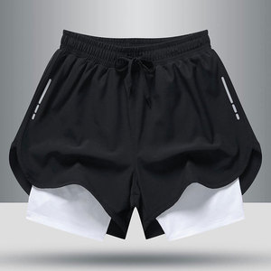 Men's Gray Sport Shorts Black Inner <b>Layer</b> Drawstring Waist Quick Dry Side Stripe Design <b>Mid</b> Rise Knitted Fabric 100% Cotton High - Product Image 4