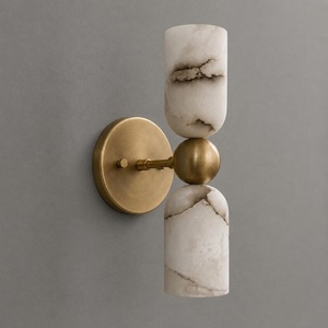 Modern Brass Wall Sconce With Marble Cylinders Geometric Design Indoor Lighting Fixture - Product Image 5