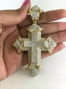 Collar Cristiano con Colgante de Cruz Grande Totalmente Cubierto de Piedras, Chapado en Oro, Estilo Hip Hop, con Moissanita, Joyería Religiosa, Joyería Bling para Raperos - Product Image 3