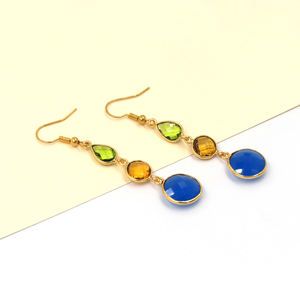 ต่างหูห้อยทรงดอกไม้ประดับพลอยเพอริดอท ซิทริน อินค์บลู คาลซิโดนี หลายชนิด งานแฮนด์เมด ตัดแบบเช็คเกอร์ ประดับขอบทอง 18K - Product Image 3