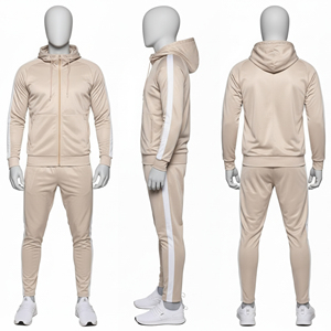 Men Winter Hooded Full Zip Casual Jogger Tracksuit Beige Two Piece Regular Fit Training Outfit <b>Athletic</b> Workout Gym 100% Cotton - Product Image 1