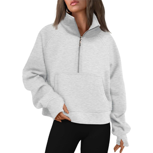 Sudadera Corta Gris para Mujer, con Cierre de Media Cremallera, Cuello Redondo Vintage, Transpirable, de Secado Rápido, 100% Algodón, Informal, para Otoño e Invierno - Product Image 1
