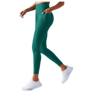Leggings Deportivos de Cintura Alta, Color Verde Sólido, con Bolsillos, Largos, Elásticos, Tejidos, para Mujer - Product Image 4