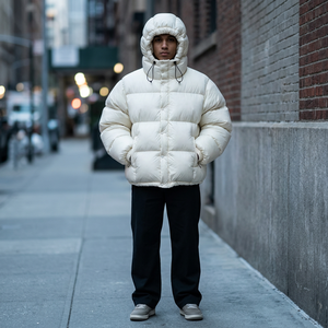 Blouson matelassé blanc à capuche pour homme, en polyester épais, imperméable, avec patchwork et motif lettres, vêtement d'extérieur décontracté d'hiver, coupe-vent - Product Image 5