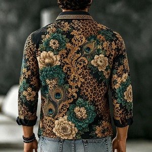 เสื้อยืดลายดอกไม้ยูงทองพิมพ์ลายเสือดาวสไตล์บาโรกสีดำพื้นใหม่ แขนยาว พิมพ์ลาย 3 มิติ สำหรับผู้ชาย สไตล์ลำลอง ผลิตจากโพลีเอสเตอร์ - Product Image 6