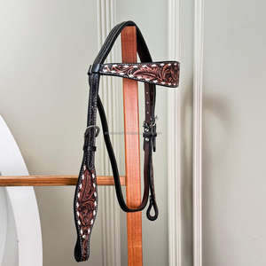 Cabecera de caballo de cuero mecanizado a mano de alta calidad con brida ajustable occidental tallada con herrajes de acero inoxidable para montar a caballo - Product Image 3