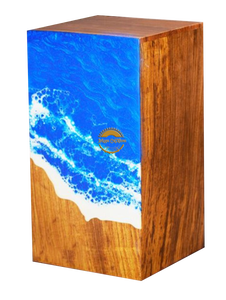 Urne funéraire artisanale en résine et bois motif vague océanique bleue, pour cendres, par AYAANS - Product Image 5