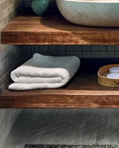 Mueble de baño flotante artesanal con encimera de madera y estante, lavabo de pared duradero para baño de lujo - Product Image 4