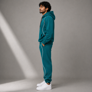 Men's Teal Pullover Hoodie with White Contrast Piping Drawstring Hood and Jogger <b>Pants</b> for Relaxed Fit for Casual Streetwear - Product Image 5