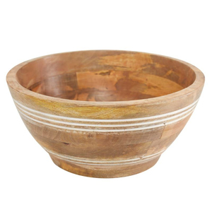 Tazón de servir artesanal de madera de mango Nosh, tazón redondo de madera maciza para ensalada y frutas con patrones grabados a mano con acabado blanco, en oferta. - Product Image 1