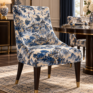 Tissu d'ameublement en velours imprimé paysage de pagode grue bleue et blanche pour chaise - Product Image 4