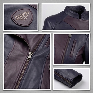 <b>Womens</b> Dark Purple Two Tone Genuine Leather <b>Jacket</b> Asymmetrical Zip Stand Collar Padded Elbow Motorcycle Biker Coat - Product Image 6