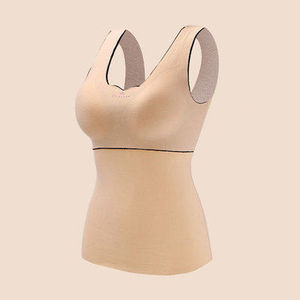 Camiseta sin mangas de punto con cuello en V para mujer, color beige, transpirable, estilo minimalista, mezcla de algodón y spandex, longitud regular - Product Image 1