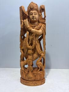 Handmade Wooden Carved Figure Krishna <b>Statue</b> Traditional <b>Religious</b> Table Decor Sculpture for Living Room - Product Image 2