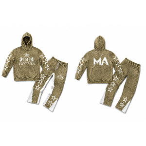 Ensemble de survêtement à capuche délavé à l'acide olive avec étoiles blanches et pantalon long à cordon de serrage 350 g/m² 100 % coton Streetwear - Product Image 3