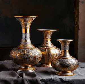Elegant set of three tall cylindrical <b>gold</b> metal <b>vases</b> with beautiful openwork lattice design available at wholesale prices. - Product Image 2