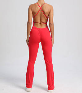 Mono de yoga de una pieza para chicas altas, con efecto fruncido en los glúteos, pantalones acampanados, ropa deportiva con logo personalizado - Product Image 3