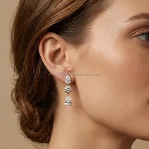Pear and Round Cut Diamond Drop Earrings in Yellow Gold Sparkling Fine Jewelry Dangle Earrings Wedding Gift for <b>Wife</b> Girlfriend - Product Image 2