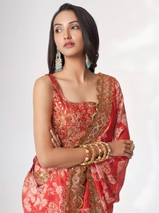 <b>Red</b> Silk <b>Saree</b> With Floral Print And Gold Embroidered Border Traditional Indian Wedding Wear For Women - Product Image 3