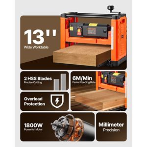 Potente Pialla per Legno da Banco con Motore da 1800W e 23500 RPM, Doppia Lama, Larghezza 13 Pollici, Piano di Lavoro Spesso - Product Image 2