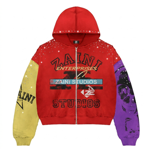 Sweat à capuche zippé pour homme en coton et polyester 350g, vert fluo, finition vieillie, logo brodé personnalisé, streetwear d'hiver - Product Image 1
